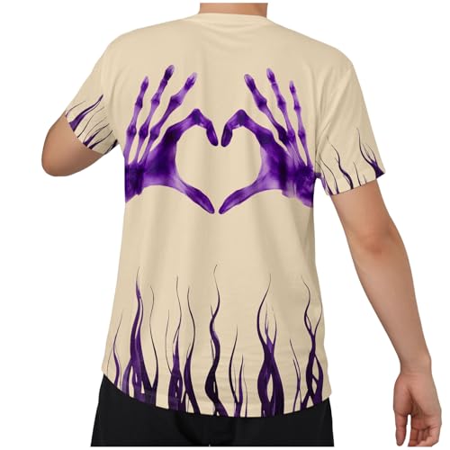Tシャツ メンズ ハロウィン 半袖 大きいサイズ おもしろ カジュアル 丸首 ハロウィン 角 炎 ドクロ プリント 面白い シャツ 個性的 派手 プルオーバー 日常 部屋着 パーティー (Beige, M)