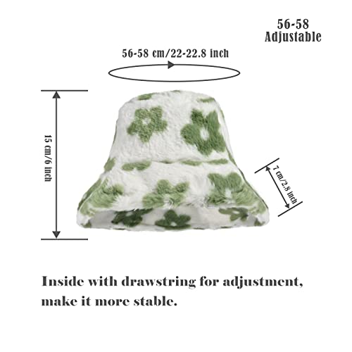 Yonchic Winter Soft Faux Fur Plush Bucket Hat, Lovely Flower Shape Fisherman Cap, Fashion Outdoor Thick Warm Sun Cap For Women (Green) #TOP2