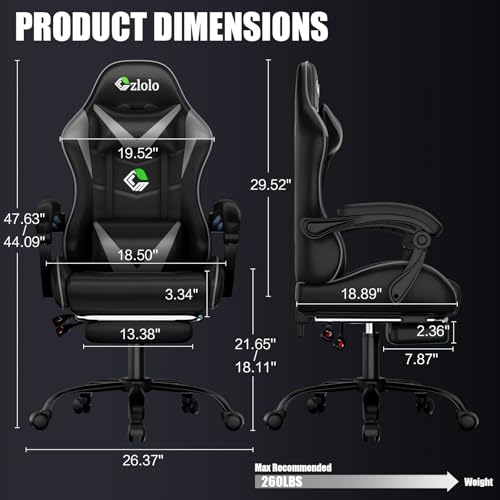 Czlolo Gaming Chair with Footrest Racing Style Lumbar Support Massager Video Game Chair with Metal Legs, High Back Reclining Gamer Chair with Headrest, 360° Swivel Office Computer Desk Chair (Gray) - Image 3