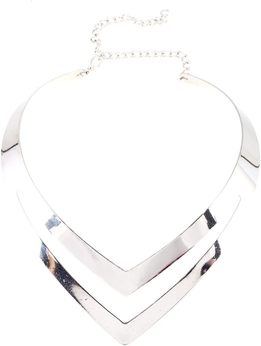 Stainless Steel High Polished Wide Face Chunky Bib Torque Necklace 14K Gold Silver Women Statement Love Heart Shape Open Choker Torque Collar Bib Short Necklaces for Women Girl Fashion Costume Jewelry
