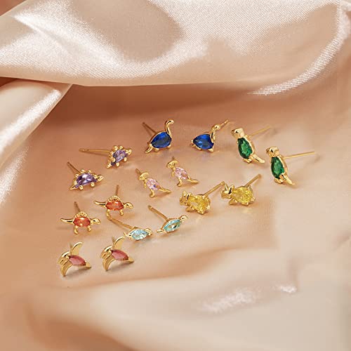 4Pairs Cute Dinosaur Stud Earrings colorful Cubic Zirconia Tiny Animal Earrings Necklace Set for Women-4 Pairs Zirconia A2