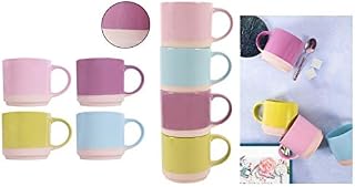 YöL Stoneware Stackable Mugs 12oz Pack of 4 Pink, Lilac, Green & Blue Coffee Tea Cups Stacking Tableware