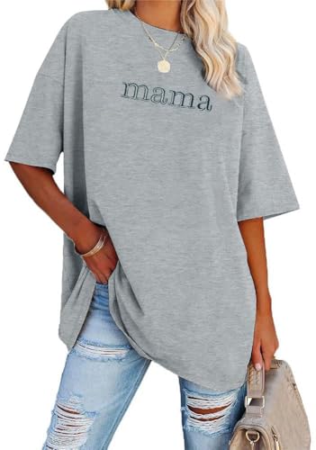 Mama Shirt Women Mama Embroidered Shirts Oversized T-Shirts Trendy Mom Short Sleeve Tee Tops