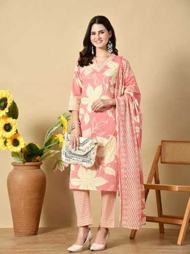 Image of Amazon Brand - Tavasya Women Cotton Anarkali Kurta Pant Dupatta Set | Printed Ethnic Suit Set | Flared Anarkali Kurta with Pant & Dupatta | Festive & Casual Wear