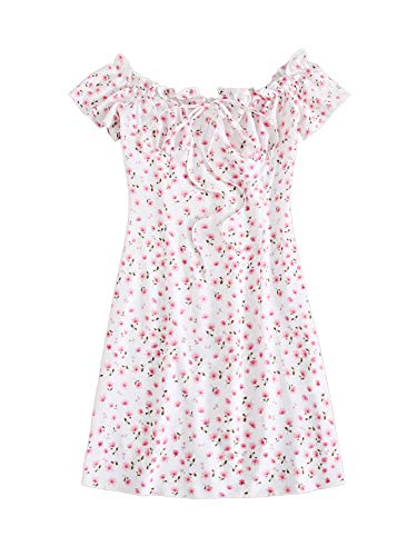 Floerns Women s Frill Tie Front Ditsy Floral Short Sleeve A Line Dress White M
