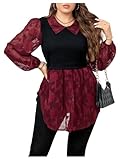 SOLY HUX Women's Plus Size Floral Mesh Button Down Shirt Collar Bishop Long Sleeve 2 in 1 Peplum Blouses Tops Burgundy Floral 3X-Large Plus