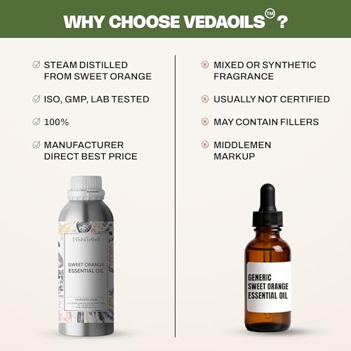 Image of VedaOils Sweet Orange Essential Oil | 100% Pure & Natural Cold Pressed Orange Oil for Skin, Hair & Aromatherapy | Orange Fragrance Oil for Diffuser, Candle Making, Soap & Air Freshener | 100ml
