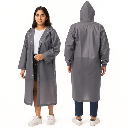 Image of Motopack EVA Waterproof Raincoat for Men & Women with Hood | Unisex Reusable Transparent Universal Rain Wear | Lightweight Full Sleeve Poncho with Button Closure for Travel, Camping & Hiking (Grey)