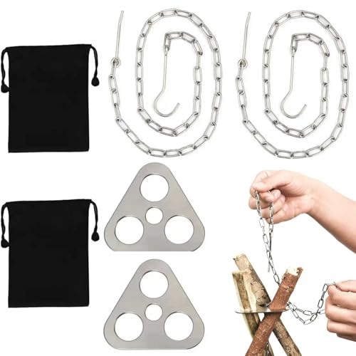 Bushcraft Dreibein für Feuerschale Edelstahl Lagerfeuer Stativ mit Höhenverstellung, Robustes Dreibein Grill für Feuerschale, Dutch Oven & Grillen, Camping Gestell mit Kette und Haken (2 PCS)