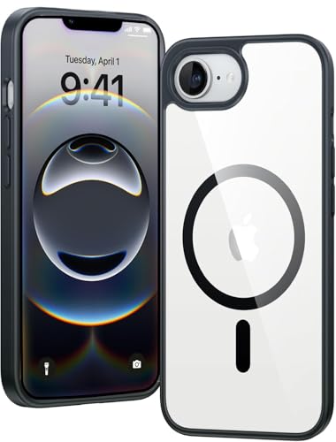 Image of EGOTUDE for iPhone 16e Case | Clear Magnetic Hard Polycarbonate Back Cover with Silicone Bumper, Compatible with Mag (Black)