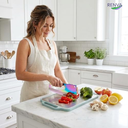 Image of RENVA Stainless Steel Cutting Board,Double Sided Steel Cutting Boards for Kitchen and Premium Carbon Stainless Steel Chef Knife Set with Wooden Handle(Green, Chopping Board with Knife)