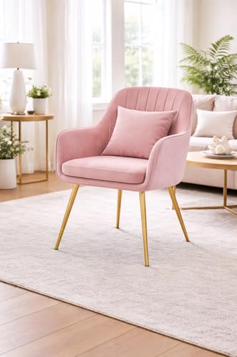 Image of Velvet Chair for Home | Modern Accent Armchair in Soft Velvet Fabric with Golden Legs | Set of 2 Premium Accent Chair for Living Room Bedroom Restaurent | (Baby Pink 1pc, Standard)