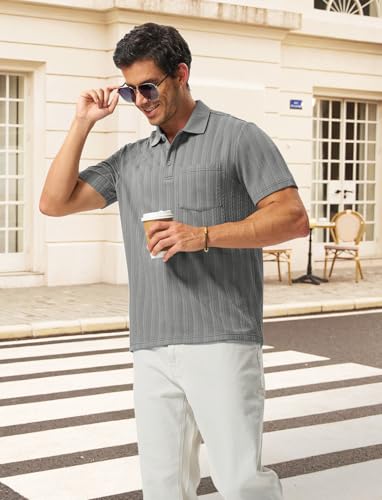 Image of TBMPOY Mens Casual Knit Polo with Pocket Textured Shirts Short Sleeve Classic Summer Vacation