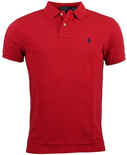 Polo Ralph Lauren Mens Custom Fit Mesh Polo Shirt - L - Red (Navy logo)