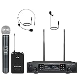 Wireless Microphone System, Phenyx Pro Dual Channel Cordless Mic Set with Handheld/Bodypack/Headset/Lapel, 2x100 Channels, Auto Scan, Lock Function, 328ft Coverage, Ideal for Events, Church (PTU-71B)