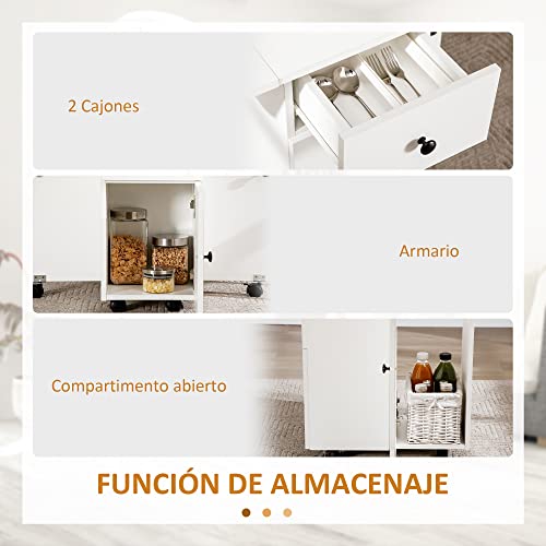HOMCOM Mesa Plegable de Comedor, Mesa de Cocina Plegable, con Ruedas, Alas Abatibles, 2 Cajones, Estante y Armario, hasta 6 Personas, para Salón, Espacio Pequeño, 120x60x76,5 cm, Blanco - imagen 6
