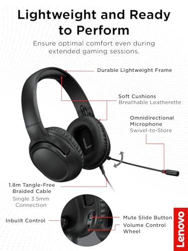 Image of Lenovo H110 Wired Gaming Headset - 3.5mm Connection, Omni-Directional Microphone, Breathable Ear Cups, Built-in Volume Wheel - Black
