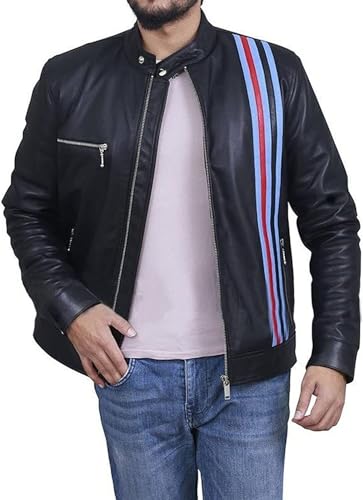 Image of Men's Leather Jacket Cafe Racer Biker Style Retro Stripes Jacket, Motorcycle Racing Leather Jacket Men