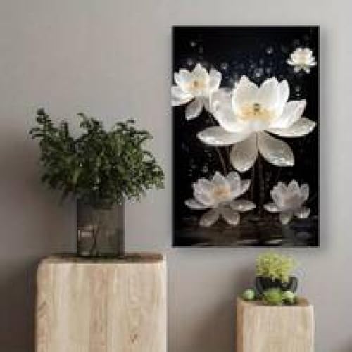 Peinture florale blanche grand tableau déco salon chambre à coucher