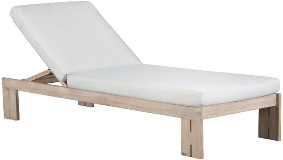 Pemberly Row Outdoor Teak Chaise Lounge, Natural Teak Wood, Light Gray Cushioned Seat, Weather-Resistant Patio Lounger, Sleek Design for Garden or Outdoor Relaxation