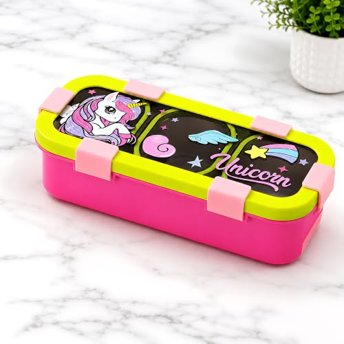 Image of Kids Stainless Steel Lunch Box | Leakproof Bento Tiffin Box with 3 Compartments | BPA Free Food Grade Lunch Box for Boys & Girls | Airtight School Tiffin Box with Cutlery Storage | 500ml