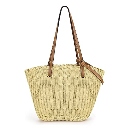 Bolso de Hombro de Paja Mujeres Redondo Bolsos de Bandolera Verano Grande Totes de Playa Rafia Ratán Tejidas a Mano Para Estilo Bohemio Para Viajes, Fechas y Vacaciones (Beige)