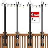 FEED GARDEN 5 Ft String Light Poles with Fence Brackets, Black Metal, 4 Pack, for Outdoor Deck Patio Backyard