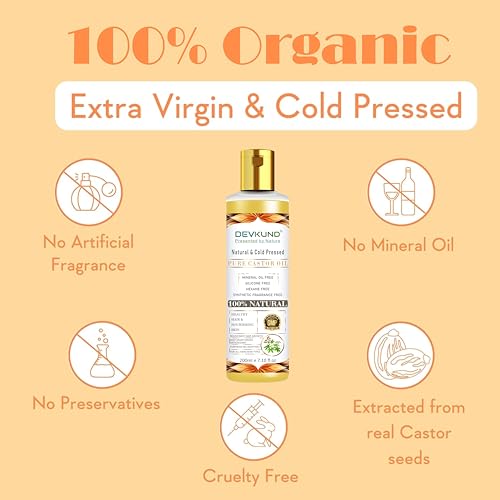 Image of Devkund Cold Pressed 100% Pure Castor (Arandi) Oil for Skin & Hair With Vitamin E, Omega-6 & 9, Mineral Free & Preservative Free (200 ml)