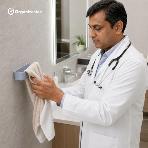 Image of OrganizeMee (Self Adhesive) Napkin & Towel Holder for Hand Basin Towels, Washbasin Bathroom Hanger, Kitchen Sink Napkin Holder Accessories Rack Stand Without Drilling Cloth Hangers (Grey)