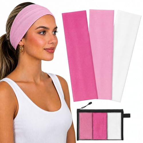 WENNKINN Headbands for Women Non Slip, Soft Cotton Elastic Cloth Hairband for Workout Gym Running Sports, Sweat Wicking Wide Headband, 3 Pack with Bag (Pink, Rose Red, White)