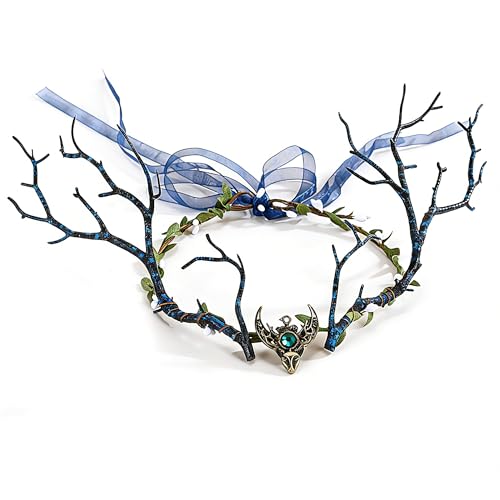 ZAHD Diadème de fée avec bois de cerf en bronze Couronne elfique Coiffe Bandeau Feuille de fée Coiffe de fleurs couronne florale féerique serre tête...