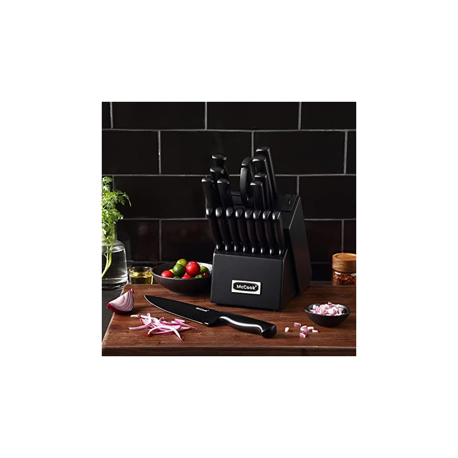 McCook® Premium Black Knife Sets,German Stainless Steel Kitchen Knives Block Set with Built-in Sharpener