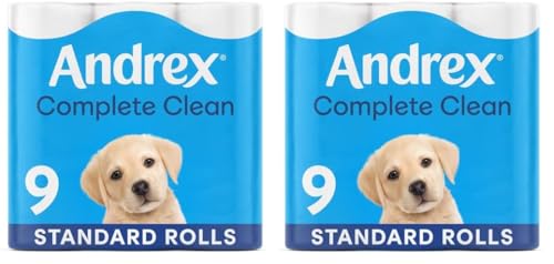 Andrex Complete Clean Toilet Tissue 9 Rolls (Previously Andrex Classic Clean) Unbeatable Toilet Paper with Unique 3D Wave, FSC Certified (Pack of 2)