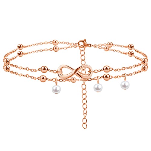 Jude Jewelers Stainless Steel Infinity Charm Faux Pearl Double Strand Anklets