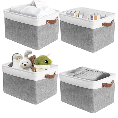 Image of SNWDN 4 Pack Fabric Storage Baskets for Organizing Collapsible Fabric Storage Bins with Handles for Home and Office Organizing (White/Grey 14x10x7 Inches)