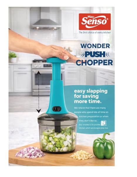 Image of Hand Push Vegetable Chopper | Manual Food Chopper with Stainless Steel Blades | Onion Cutter, Garlic Cutter, Chilli Cutter | M (Blue, M)
