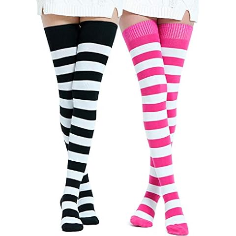 Kayhoma Extra Long Cotton Stripe Thigh High Socks Over the Knee High Socks, Black/White & Fuschia/White, One Size Cover