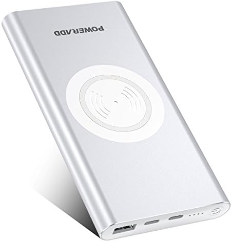 POWERADD Wireless Charger Power Bank, QiPower 10000mAh Aluminum Shell Qi Wireless Portable Charger with Type C Input & Output for X, 8, 8 Plus, Galaxy S9, S8 and More (Silver)