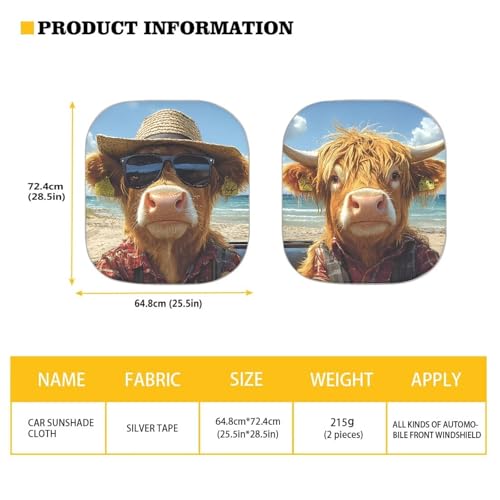 Image of Cool Highland Cow Car Sun Shade 2 Pack Sun Shield Blocks UV Rays Easy to Install Car Truck SUV Windshield Sun Shade