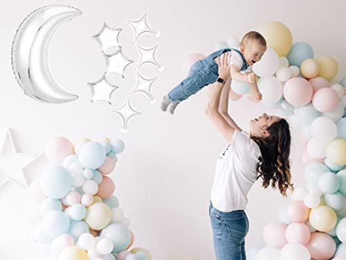64Pcs Silver Moon Star Shape Balloons, Metallic Moon And Star Balloons Decoration For Children Baby Kids Shower Bar Theme Graduation Space Birthday Party Supplies #TOP5