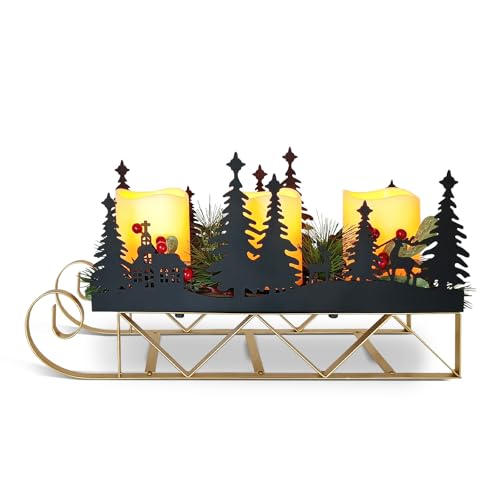 Christmas Centerpiece Table Decorations with Flickering Led Candle Lights Xmas Sleigh Silhouette Candelabrum for Dinning Room, Table, Fireplace, Mantel Holiday Decoration