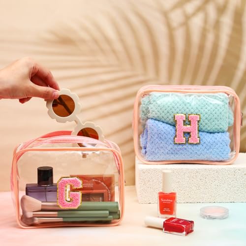 12 Personalized Initial A-z Preppy Patch Clear Makeup Bag Initial Letter Beach Travel Toiletry Cosmetic PVC Bag DIY Chenille Sew Letter Patches End of the Year Gifts(Pink, Pink Letters)2