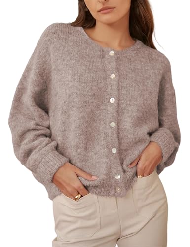 Image of Ynhonra Womens Cardigan Sweater Front Button Loose Y2k Long Sleeve Crewneck | Lightweight Knit Ribbed Hem