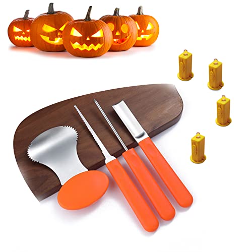 JSRHEEM Sculpture De Citrouille D'halloween, Outil Sculpture De Citrouille, Kit Citrouille Halloween, 4 Outils Professionnels de Sculpture de Citrouille en Acier Inoxydable et 4 Bougies LED Cover