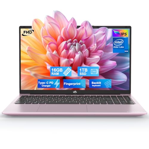 NIMO Laptop 15,6\" Intel N100 FHD: 16GB RAM, 1TB SSD, USB-C 65W, Fingerabdruck, Beleuchtete Tastatur, Stereo-Lautsprecher, für Arbeit & Studium, Rose Gold
