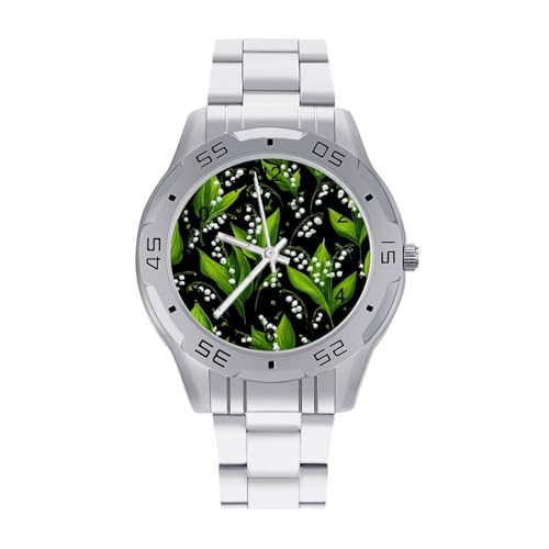 Image of Lily of The Valley Pattern Men's Quartz Watch Trendy Stainless Steel Bands Easy Read Minimalist Wristwatches Business Daily
