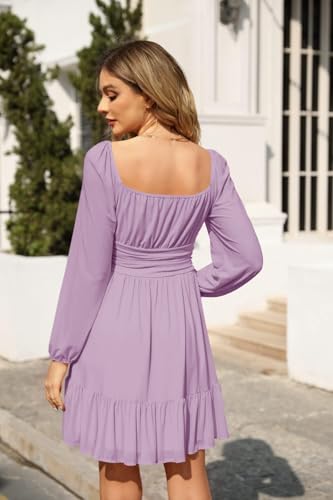 Imily Bela Damen Kleider Square Neck Partykleid Mesh Minikleid High Waist Falten Langarmkleid Hochzeitsgast mit Rüschen(Lila, L)