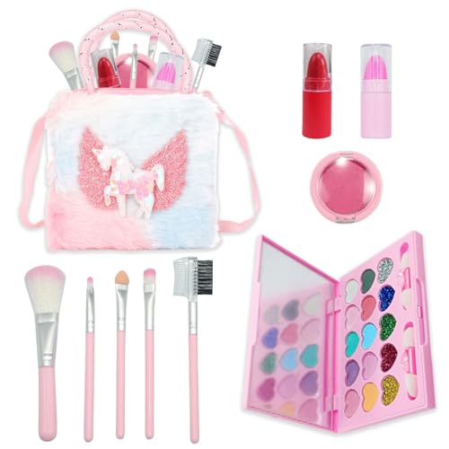 AYNKH Juegos de maquillaje para niñas, bolso de unicornio lavable para niños, kit de inicio de maquillaje con pinceles, juegos de simulación de princesa, juguetes para niñas de 3 a 12 años, regalo de