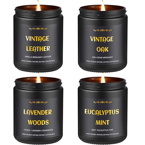 Scented Candles for Men, 4 Pack Mens Candle Set, Soy Candles for Home Scented, Masculine Candle for Him, 28oz, 200 Hours Burning Time Aromatherapy Candles of Lavender/Eucalyptus/Leather/Oak