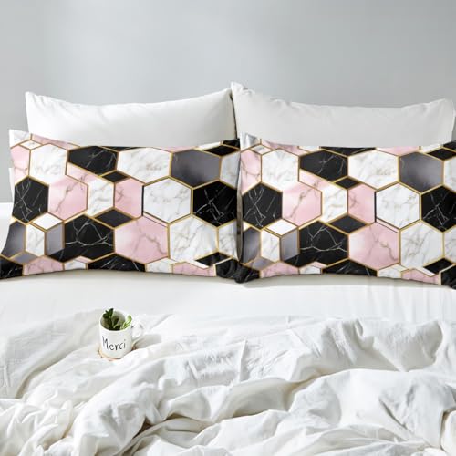 Housse de couette marbre noir blanc rose et 2 taies d'oreiller géométriques